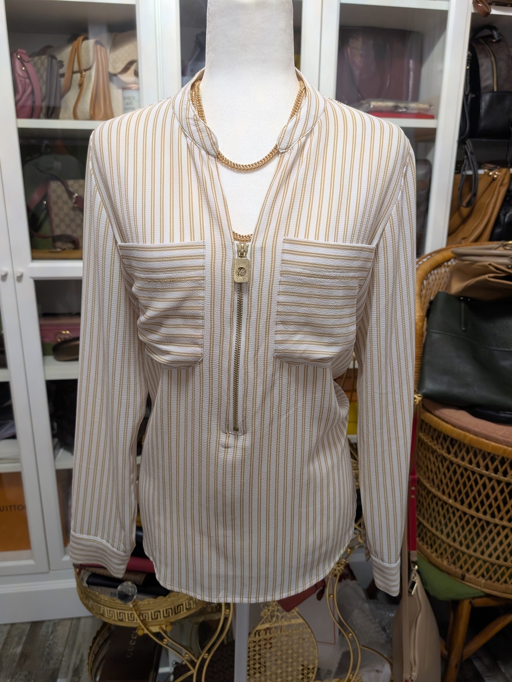 Michael Kors Cream and Gold Striped Zip-Front Blouse